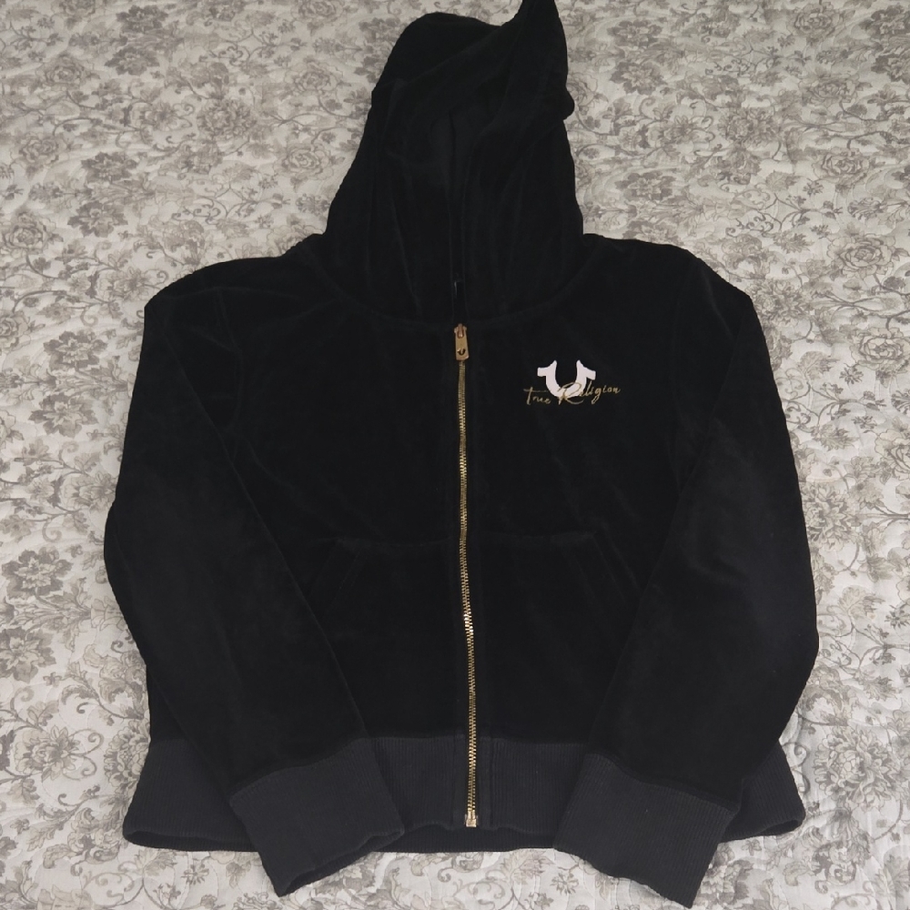 True Religion Black Kids Velvet Zip Hoodie with Gold Trim